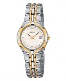 A striking timepiece from Seiko. Goldtone and silvertone stainless steel bracelet and case, 24mm. White dial with shiny goldtone accents and date window. Three-hand, quartz movement. Water resistant to 30 meters. A striking timepiece from Seiko. Goldtone and silvertone stainless steel bracelet and case, 24mm. White dial with shiny goldtone accents and date window. Three-hand, quartz movement. Water resistant to 30 meters.