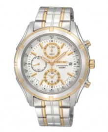 Highly functional yet easy-to-read. Chronograph watch by Seiko crafted of two-tone stainless steel bracelet and round case, 42mm. White chronograph dial features applied gold tone stick indices, minute track, tachymeter scale, date window at three o'clock, three subdials, luminous hands and logo. Quartz movement. Water resistant to 100 meters. Three-year limited warranty. Highly functional yet easy-to-read. Chronograph watch by Seiko crafted of two-tone stainless steel bracelet and round case, 42mm. White chronograph dial features applied gold tone stick indices, minute track, tachymeter scale, date window at three o'clock, three subdials, luminous hands and logo. Quartz movement. Water resistant to 100 meters. Three-year limited warranty.