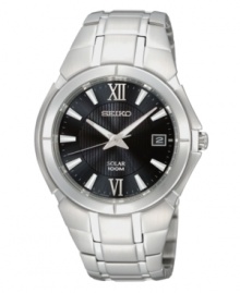 A dashing steel silhouette with movement powered by the sun. Watch by Seiko crafted of brushed and polished stainless steel bracelet and round case, 40mm. Textured black dial features silver tone Roman numerals at twelve and six o'clock, stick indices, minute track, date window at three o'clock, LumiBrite hands and logo. Solar-powered quartz movement. Water resistant to 100 meters. Three-year limited warranty. A dashing steel silhouette with movement powered by the sun. Watch by Seiko crafted of brushed and polished stainless steel bracelet and round case, 40mm. Textured black dial features silver tone Roman numerals at twelve and six o'clock, stick indices, minute track, date window at three o'clock, LumiBrite hands and logo. Solar-powered quartz movement. Water resistant to 100 meters. Three-year limited warranty.