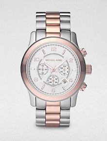 Elegant finishing and detail enhances this classic chronograph style in sleek, stainless steel and silver and rose gold tone.Chronograph movementRound bezelWater resistant to 10ATMDate display at 4 o'clock Second handStainless steel case: 45mm(1.77)Stainless steel braceletImported Elegant finishing and detail enhances this classic chronograph style in sleek, stainless steel and silver and rose gold tone.Chronograph movementRound bezelWater resistant to 10ATMDate display at 4 o'clock Second handStainless steel case: 45mm(1.77)Stainless steel braceletImported