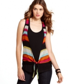 Invigorate your top options with this fun style from REIGN, where a striped chiffon overlay adds color value to a basic tank! Invigorate your top options with this fun style from REIGN, where a striped chiffon overlay adds color value to a basic tank!