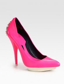 Lady-like leather design roughened by metal spikes and a contrasting island platform. Self-covered heel, 5 (125mm)Island platform, ½ (15mm)Compares to a 4½ heel (115mm)Leather upperLeather liningRubber solePadded insoleImportedOUR FIT MODEL RECOMMENDS ordering true whole size; ½ sizes should order the next whole size up. Lady-like leather design roughened by metal spikes and a contrasting island platform. Self-covered heel, 5 (125mm)Island platform, ½ (15mm)Compares to a 4½ heel (115mm)Leather upperLeather liningRubber solePadded insoleImportedOUR FIT MODEL RECOMMENDS ordering true whole size; ½ sizes should order the next whole size up.