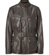 An ultra luxurious iteration of the tried and true Trialmaster jacket, this Belstaff classic guarantees to take you through this seasons in style - Stand collar with buckle detail, long sleeves, snapped cuffs, concealed front zipper placket with snaps, snapped flap pockets, belted waist - Slim fit - Pair with jeans, a tee and motorcycle boots or with slim trousers and trainers