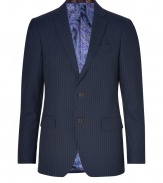 Sharpen up your tailored business look in Etros paisley-lined pinstripe blazer - Notched lapels, two-button closure, flap pockets at waist, dual back vent, paisley lining - Slim fit - Style with matching pants, a printed button-down, and oxfords