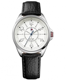 Black leather creates a masculine steel watch from Tommy Hilfiger. Black leather creates a masculine steel watch from Tommy Hilfiger.
