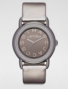 A sleek gunmetal ion-plated stainless steel design with a metallic leather strap. Quartz movementWater resistant to 5 ATMRound gunmetal ion-plated stainless steel case, 33mm (1.3)Smooth bezelGunmetal mirror dialLogo hour markersSecond hand Metallic leather strapImported A sleek gunmetal ion-plated stainless steel design with a metallic leather strap. Quartz movementWater resistant to 5 ATMRound gunmetal ion-plated stainless steel case, 33mm (1.3)Smooth bezelGunmetal mirror dialLogo hour markersSecond hand Metallic leather strapImported