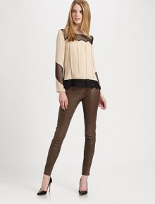 A sleek design meets supple, French leather. The edgy-chic zippers make this a truly exciting look.Flat waistbandSkinny-leg styleZipper on outside of legSide zipperInseam, about 29LeatherDry clean by leather specialistMade in USA of imported fabric Model shown is 5'10 (177cm) wearing US size 4. A sleek design meets supple, French leather. The edgy-chic zippers make this a truly exciting look.Flat waistbandSkinny-leg styleZipper on outside of legSide zipperInseam, about 29LeatherDry clean by leather specialistMade in USA of imported fabric Model shown is 5'10 (177cm) wearing US size 4.