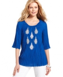 Sequins and embroidery lend a touch of exotic luxe to Style&co.'s crinkled tunic silhouette. Lace-like trim at the cuffs and hem is a feminine finish. Sequins and embroidery lend a touch of exotic luxe to Style&co.'s crinkled tunic silhouette. Lace-like trim at the cuffs and hem is a feminine finish.
