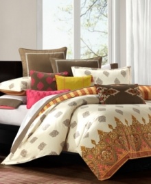 Taking inspiration from traditional Indian royal designs, Raja comforter sets from Echo create a warm and exotic appeal. The face of the comforter and shams feature an intricate pattern in a palette of orange, yellow and brown, and reverses to a stripe pattern in matching hues. Taking inspiration from traditional Indian royal designs, Raja comforter sets from Echo create a warm and exotic appeal. The face of the comforter and shams feature an intricate pattern in a palette of orange, yellow and brown, and reverses to a stripe pattern in matching hues.