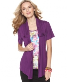 Elementz offers a layered look in one clever top with this head-turning piece. A ruffled, printed inset is off-set by a draped cardigan with button tabs. Elementz offers a layered look in one clever top with this head-turning piece. A ruffled, printed inset is off-set by a draped cardigan with button tabs.