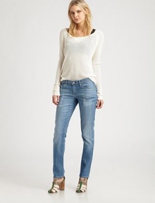 Classic straight-leg denim tailored with a slightly slimmer fit and distressed finish.THE FITFitted through hips and thighsRise, about 7¾Inseam, about 33THE DETAILSZip flyFive-pocket styleSignature stitch back pockets70% cotton/28% lyocell/2% polyurethaneMachine washMade in USA of imported fabricModel shown is 5'9½ (176cm) wearing US size 4. Classic straight-leg denim tailored with a slightly slimmer fit and distressed finish.THE FITFitted through hips and thighsRise, about 7¾Inseam, about 33THE DETAILSZip flyFive-pocket styleSignature stitch back pockets70% cotton/28% lyocell/2% polyurethaneMachine washMade in USA of imported fabricModel shown is 5'9½ (176cm) wearing US size 4.