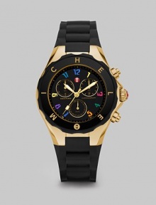 From the Tahitian Jelly Bean Collection. A sporty timepiece with goldtone stainless steel accents, enamel dial and silicone strap. Swiss quartz movementWater resistant to 5 ATMRound goldtone stainless steel case, 40mm (1.5)Logo bezelSunray chronograph dialNumeric hour markersSecond hand Black silicone strapImported From the Tahitian Jelly Bean Collection. A sporty timepiece with goldtone stainless steel accents, enamel dial and silicone strap. Swiss quartz movementWater resistant to 5 ATMRound goldtone stainless steel case, 40mm (1.5)Logo bezelSunray chronograph dialNumeric hour markersSecond hand Black silicone strapImported