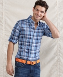 Slim down for summer. Take a little off your look with this trim plaid shirt from Tommy Hilfiger.
