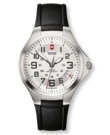 Iconic style appreciated around the world. This Victorinox Swiss Army watch features a black rubber strap and round stainless steel case. Silvertone dial with black numerals, luminous hands, logo, date window and screw-in caseback. Swiss movement. Water resistant to 100 meters. Three-year limited warranty. Iconic style appreciated around the world. This Victorinox Swiss Army watch features a black rubber strap and round stainless steel case. Silvertone dial with black numerals, luminous hands, logo, date window and screw-in caseback. Swiss movement. Water resistant to 100 meters. Three-year limited warranty.