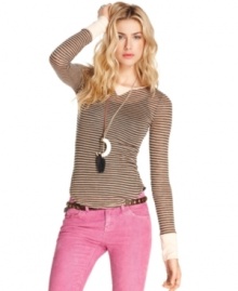 With a sheer striped fabric, this Free People top is a perfect casual layering piece! With a sheer striped fabric, this Free People top is a perfect casual layering piece!