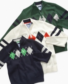 Tommy Hilfiger designs a quarter-zip sweater with just enough argyle patterning to make an entire outfit look fresh and fashionable.