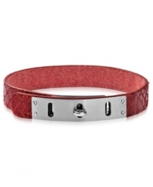Simply chic. Fossil's bracelet is crafted from red leather with a turnlock closure in silver-tone mixed metal adding a stylish touch. Adjusts to fit wrist. Approximate length: 7-7-3/4 inches. Simply chic. Fossil's bracelet is crafted from red leather with a turnlock closure in silver-tone mixed metal adding a stylish touch. Adjusts to fit wrist. Approximate length: 7-7-3/4 inches.