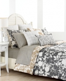 A printed chambray textured stripe creates sophisticated sheeting for the Mont Clair bedding collection. Its distressed colorway of charcoal, flax and ivory create a unique, edgy look that heightens the modern appeal of this stenciled Tommy Hilfiger bedding design. (Clearance) A printed chambray textured stripe creates sophisticated sheeting for the Mont Clair bedding collection. Its distressed colorway of charcoal, flax and ivory create a unique, edgy look that heightens the modern appeal of this stenciled Tommy Hilfiger bedding design. (Clearance)