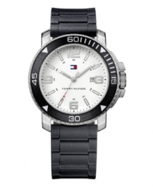 Suit up and head out with this go-everywhere sport watch by Tommy Hilfiger. Black silicone strap with faux link texture and round stainless steel case with white numerals at black bezel. White dial features applied silver tone numerals at twelve, three, six and nine o'clock, stick indices, date window, three hands an iconic flag logo. Quartz movement. Water resistant to 30 meters. Ten-year limited warranty. Suit up and head out with this go-everywhere sport watch by Tommy Hilfiger. Black silicone strap with faux link texture and round stainless steel case with white numerals at black bezel. White dial features applied silver tone numerals at twelve, three, six and nine o'clock, stick indices, date window, three hands an iconic flag logo. Quartz movement. Water resistant to 30 meters. Ten-year limited warranty.