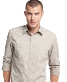 Change your everyday pattern with this woven shirt from Calvin Klein. Change your everyday pattern with this woven shirt from Calvin Klein.