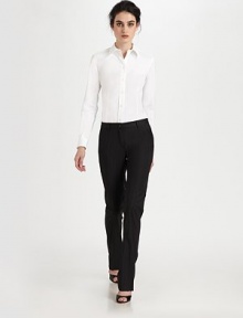 This classic, straight-legged silhouette is rendered in perfectly pinstriped wool.Self waistband with belt loopsZip fly with button closureBack button welt pocketsInseam, about 35½56% wool/41% viscose/3% elastaneDry cleanMade in Italy of imported fabricModel shown is 5'11 wearing US size 4.OUR FIT MODEL RECOMMENDS ordering true size. This classic, straight-legged silhouette is rendered in perfectly pinstriped wool.Self waistband with belt loopsZip fly with button closureBack button welt pocketsInseam, about 35½56% wool/41% viscose/3% elastaneDry cleanMade in Italy of imported fabricModel shown is 5'11 wearing US size 4.OUR FIT MODEL RECOMMENDS ordering true size.
