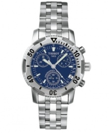 Make a bold statement in this blue dial chronograph. Stainless steel bracelet and case with tachymeter bezel. Deep blue dial with scratch-resistant sapphire glass, date window and three-hand quartz movement. Water resistant up to 200 meters. Two-year limited warranty. Make a bold statement in this blue dial chronograph. Stainless steel bracelet and case with tachymeter bezel. Deep blue dial with scratch-resistant sapphire glass, date window and three-hand quartz movement. Water resistant up to 200 meters. Two-year limited warranty.