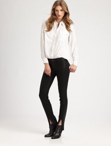 Your favorite stretchy skinnies renewed by a glazed, leather-like finish and split cuffs. THE FITSkinny fitMedium rise, about 8Inseam, about 32THE DETAILSButton closureZip flyFour-pocket styleSplit cuffs77% cotton/21% polyester/2% spandexMachine washMade in USA of imported fabricModel shown is 5'10 (177cm) wearing US size 4. Your favorite stretchy skinnies renewed by a glazed, leather-like finish and split cuffs. THE FITSkinny fitMedium rise, about 8Inseam, about 32THE DETAILSButton closureZip flyFour-pocket styleSplit cuffs77% cotton/21% polyester/2% spandexMachine washMade in USA of imported fabricModel shown is 5'10 (177cm) wearing US size 4.