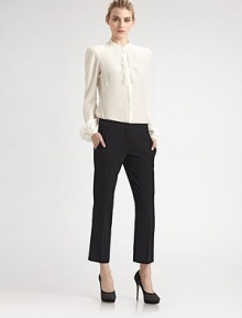 Supple silk blend, tailored with dainty, feminine details and trimmed in the most delicate lace.Band collar with covered button closureLace-trimmed bibConcealed button placketSlightly puffed blouson sleeves with button cuffsAbout 24 from shoulder to hemSilk/viscose/nylon/cottonDry cleanMade in Italy of imported fabricModel shown is 5'11 (180cm) wearing US size 4. Supple silk blend, tailored with dainty, feminine details and trimmed in the most delicate lace.Band collar with covered button closureLace-trimmed bibConcealed button placketSlightly puffed blouson sleeves with button cuffsAbout 24 from shoulder to hemSilk/viscose/nylon/cottonDry cleanMade in Italy of imported fabricModel shown is 5'11 (180cm) wearing US size 4.