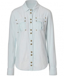 With a retro-inspired stud detail, this luxe button down from Balmain will effortlessly elevate your wardrobe basics - Spread collar, front button placket with dual-stud button detail, chest pockets with studs, asymmetrical rounded hem - Pair with leather leggings, buckle-detailed ankle boots, and a statement satchel With a retro-inspired stud detail, this luxe button down from Balmain will effortlessly elevate your wardrobe basics - Spread collar, front button placket with dual-stud button detail, chest pockets with studs, asymmetrical rounded hem - Pair with leather leggings, buckle-detailed ankle boots, and a statement satchel