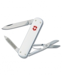 Better than a wallet, the Swiss Army money clip pocket knife keeps your money in order and your tools close at hand. Crafted in sterling silver and featuring a stainless steel blade, nail file with nail cleaners, scissors and money clip. Lifetime guarantee against any defects in the material and workmanship. Approximate length: 2-9/10 inches.