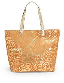 THE LOOKZebra-inspired metallic swirls on canvasSquare silhouetteMetallic shoulder strapsSnap top closureSignature goldtone S studTwo inside open pocketsInside logo printTHE MEASUREMENTShoulder straps 9 drop18¾W X 13¾H X 6DTHE MATERIALCanvasMetallic trimFully linedORIGINImported THE LOOKZebra-inspired metallic swirls on canvasSquare silhouetteMetallic shoulder strapsSnap top closureSignature goldtone S studTwo inside open pocketsInside logo printTHE MEASUREMENTShoulder straps 9 drop18¾W X 13¾H X 6DTHE MATERIALCanvasMetallic trimFully linedORIGINImported