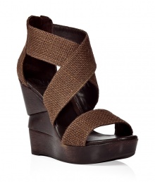 Add style to your outfit and length to your legs with these platform wedge heels - Wide crisscross burlap straps add complimentary texture to the smooth, stacked wood wedges - Rounded open toe - Back zip features gold-colored pull - Wear with floral sundress, pencil skirts or cropped skinny jeans