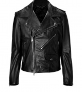 With sleek biker-inspired styling, this sumptuous leather jacket adds urbane-cool to your new-season looks - Notched collar with snapped lapel, long sleeves with zippered cuffs, snapped epaulettes, off-center front zip closure, zippered slit pockets, belted side tabs - Fitted - Wear with a cashmere pullover, straight leg jeans, and motorcycle boots