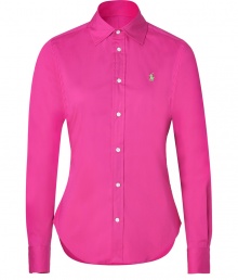 Work a bright accent into your tailored classics with Ralph Laurens hibiscus stretch cotton poplin button-down - Cutaway collar, long sleeves, buttoned cuffs, button-down front, shirttail hemline - Form-fitting - Wear with jeans, loafers, and smart leather accessories Work a bright accent into your tailored classics with Ralph Laurens hibiscus stretch cotton poplin button-down - Cutaway collar, long sleeves, buttoned cuffs, button-down front, shirttail hemline - Form-fitting - Wear with jeans, loafers, and smart leather accessories