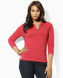This plus size Lauren by Ralph Lauren shirt is a modern take on the classic Henley, crafted with an extended buttoned placket and rendered in soft slub cotton. This plus size Lauren by Ralph Lauren shirt is a modern take on the classic Henley, crafted with an extended buttoned placket and rendered in soft slub cotton.