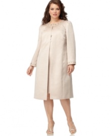 This luxurious plus size shantung dress and coat from Tahari by ASL features beading at the neckline and cuffs and a stunning silhouette.