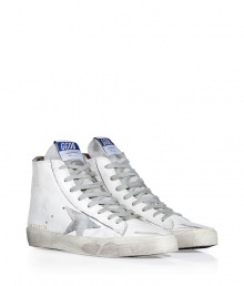 Luxe with a retro edge, these sneakers from Golden Goose will kick your style into high gear - Round toe, lace up style, side star detail, exposed side-zip closure, stylishly distressed, contrasting rubber sole - Pair with jeans and leather jackets, or with micro minis and modern knits Luxe with a retro edge, these sneakers from Golden Goose will kick your style into high gear - Round toe, lace up style, side star detail, exposed side-zip closure, stylishly distressed, contrasting rubber sole - Pair with jeans and leather jackets, or with micro minis and modern knits