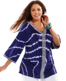 Soak up the sunshine with INC's three-quarter sleeve plus size top, flaunting a groovy print! Soak up the sunshine with INC's three-quarter sleeve plus size top, flaunting a groovy print!