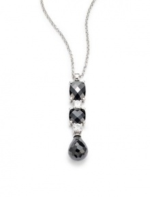 THE LOOKTriple stone pendantFaceted black and clear cubic zirconia accentsAdjustable circle chainSterling silver rhodium-plated settingLobster claspTHE MEASUREMENTPendant length, about 1 Length, about 15½ & 16½ORIGINImported THE LOOKTriple stone pendantFaceted black and clear cubic zirconia accentsAdjustable circle chainSterling silver rhodium-plated settingLobster claspTHE MEASUREMENTPendant length, about 1 Length, about 15½ & 16½ORIGINImported