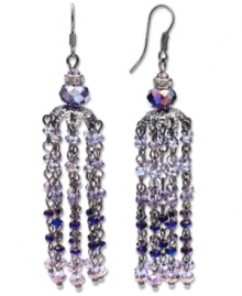 Definitely dramatic. A pretty purple hue defines these trendy tassel earrings from c.A.K.e. by Ali Khan. Made in mixed metal, they're embellished with sparkling crystals and rondelle glass beads. Approximate drop: 2-4/10 inches. Definitely dramatic. A pretty purple hue defines these trendy tassel earrings from c.A.K.e. by Ali Khan. Made in mixed metal, they're embellished with sparkling crystals and rondelle glass beads. Approximate drop: 2-4/10 inches.
