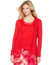 This lightweight burnout cardigan from Jones New York adds a vibrant touch of color to any ensemble. Pair it with the matching shell to make a chic twinset. This lightweight burnout cardigan from Jones New York adds a vibrant touch of color to any ensemble. Pair it with the matching shell to make a chic twinset.