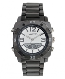 Arm yourself for anything with this masculine watch by Unlisted. Gunmetal tone mixed metal bracelet and round case with numerals and knurling at bezel. White analog-digital dial features numerals at twelve, three and nine o'clock, stick indices, positive display digital dial at six o'clock, luminous hands and logo. Quartz movement. Splash resistant. Two-year limited warranty. Arm yourself for anything with this masculine watch by Unlisted. Gunmetal tone mixed metal bracelet and round case with numerals and knurling at bezel. White analog-digital dial features numerals at twelve, three and nine o'clock, stick indices, positive display digital dial at six o'clock, luminous hands and logo. Quartz movement. Splash resistant. Two-year limited warranty.