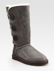Rugged suede in a classic tall silhouette, finished with a button trio and signature shearling lining. Shaft, 9Leg circumference, 16½Distressed suede upperShearling liningRubber solePadded insoleImported Rugged suede in a classic tall silhouette, finished with a button trio and signature shearling lining. Shaft, 9Leg circumference, 16½Distressed suede upperShearling liningRubber solePadded insoleImported