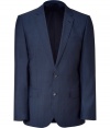 Elegant jacket in fine, blue virgin wool blend - Chic, subtle pin stripe - Classic, single breasted blazer style with small collar - Two front flap pockets and single chest pocket - Side vents at rear - Modern, straight silhouette - A sleekly polished, indispensable go-to in any wardrobe - Pair with trousers and a button down, or go for a more casual look with a t-shirt and jeans