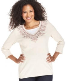 Made from a soft cotton blend, Karen Scott's breezy tee features embroidery and studs at the neckline for an artisan-inspired look. Made from a soft cotton blend, Karen Scott's breezy tee features embroidery and studs at the neckline for an artisan-inspired look.