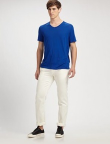A sophisticated option, that can be paired with tees or sportshirts for a polished casual look.Side slash, back button welt pocketsInseam, about 33CottonMachine washMade in USA A sophisticated option, that can be paired with tees or sportshirts for a polished casual look.Side slash, back button welt pocketsInseam, about 33CottonMachine washMade in USA