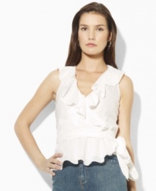Designed in a flattering wrap silhouette from slightly sheer cotton voile, the sleeveless blouse exudes vintage charm with an elegant striped pattern and soft ruffles, from Lauren Jeans Co. Designed in a flattering wrap silhouette from slightly sheer cotton voile, the sleeveless blouse exudes vintage charm with an elegant striped pattern and soft ruffles, from Lauren Jeans Co.