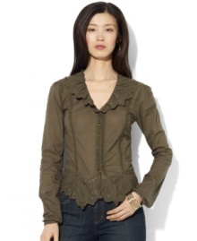Rich bohemian style comes to life in Lauren Jeans Co.'s woven cotton blouse, finished with embroidered detail at the neckline and delicate lace trim. Rich bohemian style comes to life in Lauren Jeans Co.'s woven cotton blouse, finished with embroidered detail at the neckline and delicate lace trim.