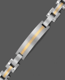 Versatile sophistication. Mix and match with this two tone men's bracelet. A rectangular link design is set in titanium and 14k gold. Approximate length: 8-1/2 inches. Versatile sophistication. Mix and match with this two tone men's bracelet. A rectangular link design is set in titanium and 14k gold. Approximate length: 8-1/2 inches.