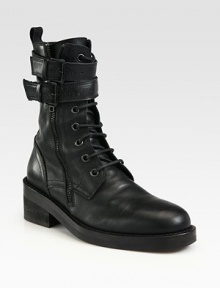 Coveted urban favorite of buttery leather with a lace-up front and wrap-around buckle ankle straps. Stacked heel, 2 (50mm)Leather upperSide zip and double adjustable buckle strapsLeather lining and solePadded insoleMade in ItalyOUR FIT MODEL RECOMMENDS ordering one half size up as this style runs small. Coveted urban favorite of buttery leather with a lace-up front and wrap-around buckle ankle straps. Stacked heel, 2 (50mm)Leather upperSide zip and double adjustable buckle strapsLeather lining and solePadded insoleMade in ItalyOUR FIT MODEL RECOMMENDS ordering one half size up as this style runs small.